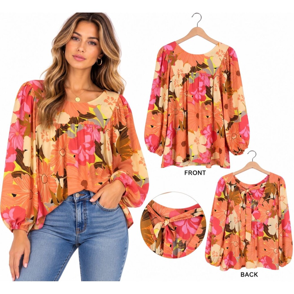 DR2 Daniel Rainn Floral Blouse Size Large Tie Back Long Sleeve Boho Retro 70s